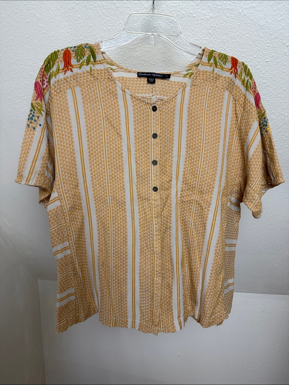 GUDRUN SJODEN Buttondown blouse with Embroidery, Size Large
